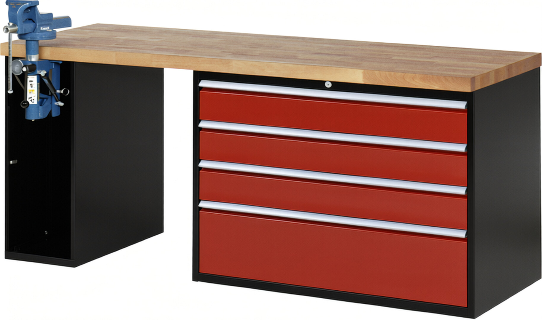 RAU Werkbank schwarz - rot - Breite 200 cm - Tiefe 70 cm - Höhe 89 cm - Buche-Massiv Arbeitsplatte 40 mm