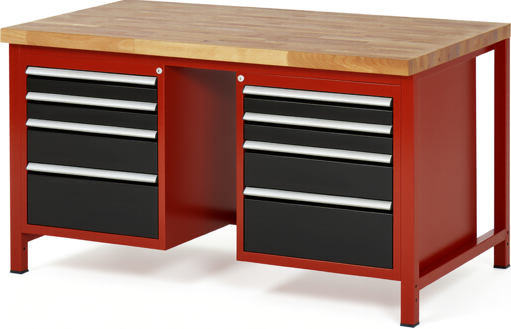 Werkbank Modell 8182 rot - schwarz, BxTxH 1500x900x840-1040 mm,  Buche-Massiv Arbeitsplatte 40 mm,  8 Schubladen mit  Auszug 90 %