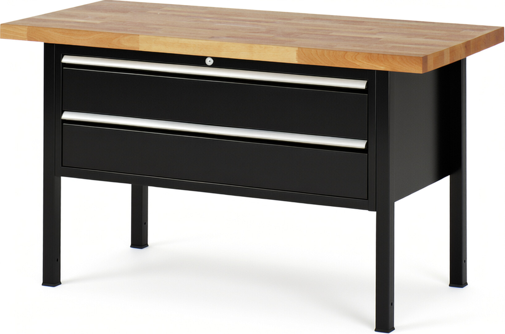 Werkbank Modell 8325 schwarz, BxTxH 1500x700x840-1040 mm,  Buche-Massiv Arbeitsplatte 40 mm,  2 Schubladen mit  Vollauszug 100 % und  SoftClosing