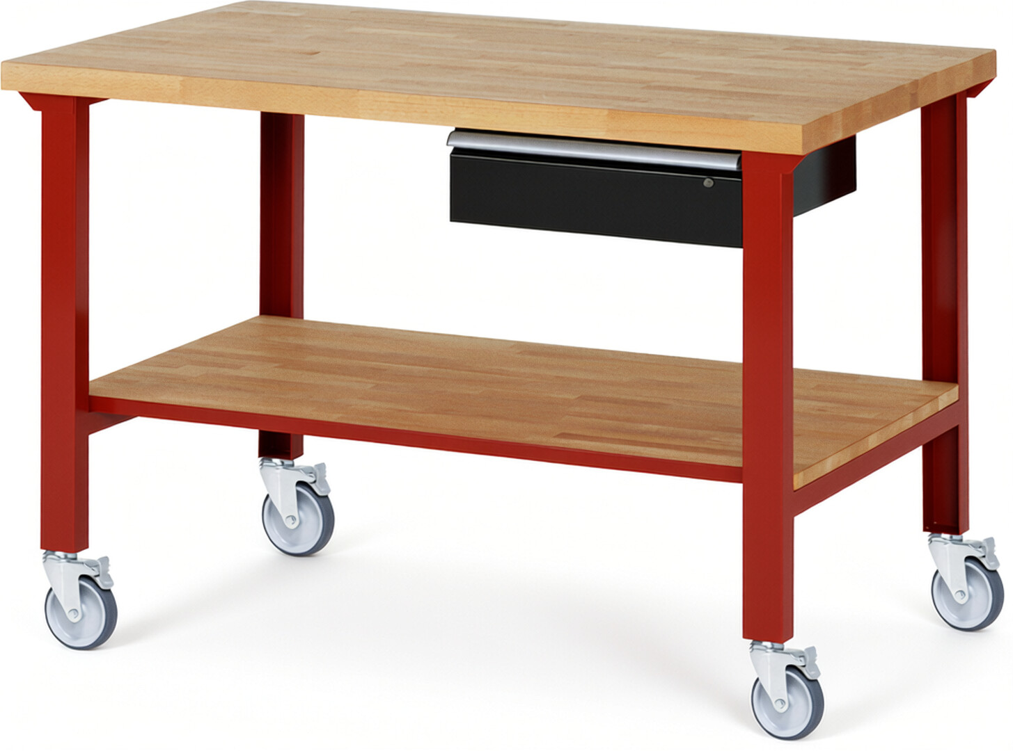 Fahrbare Werkbank Modell 7001 rot - schwarz, BxTxH 1500x900x1000 mm,  Buche-Massiv Arbeitsplatte 40 mm,  1 Schublade mit  Auszug 90 %