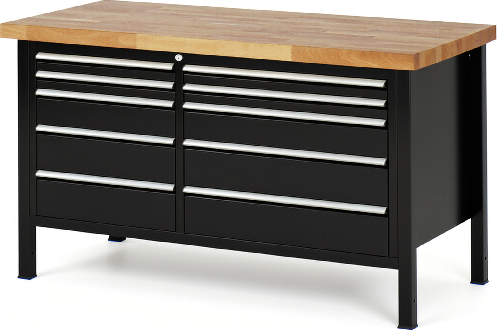 Werkbank Modell 8656 schwarz, BxTxH 1500x700x840-1040 mm,  Buche-Massiv Arbeitsplatte 40 mm,  10 Schubladen mit  Auszug 90 %