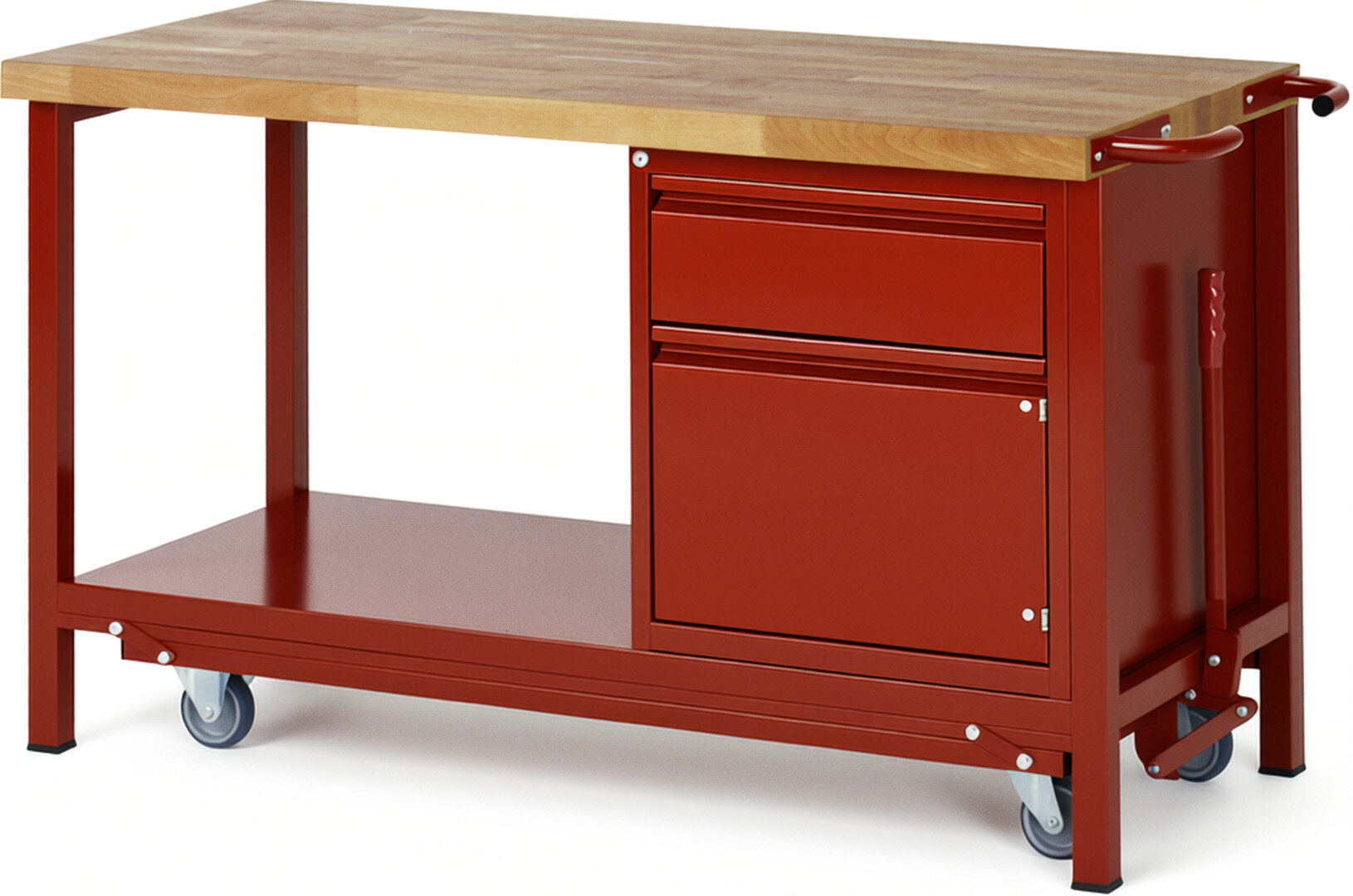 Absenkbare Werkbank - Modell 8152 BASIC rot, BxTxH 1500x700x880 mm,  Buche-Massiv Arbeitsplatte 40 mm,  1 Schublade mit  Auszug 90 %