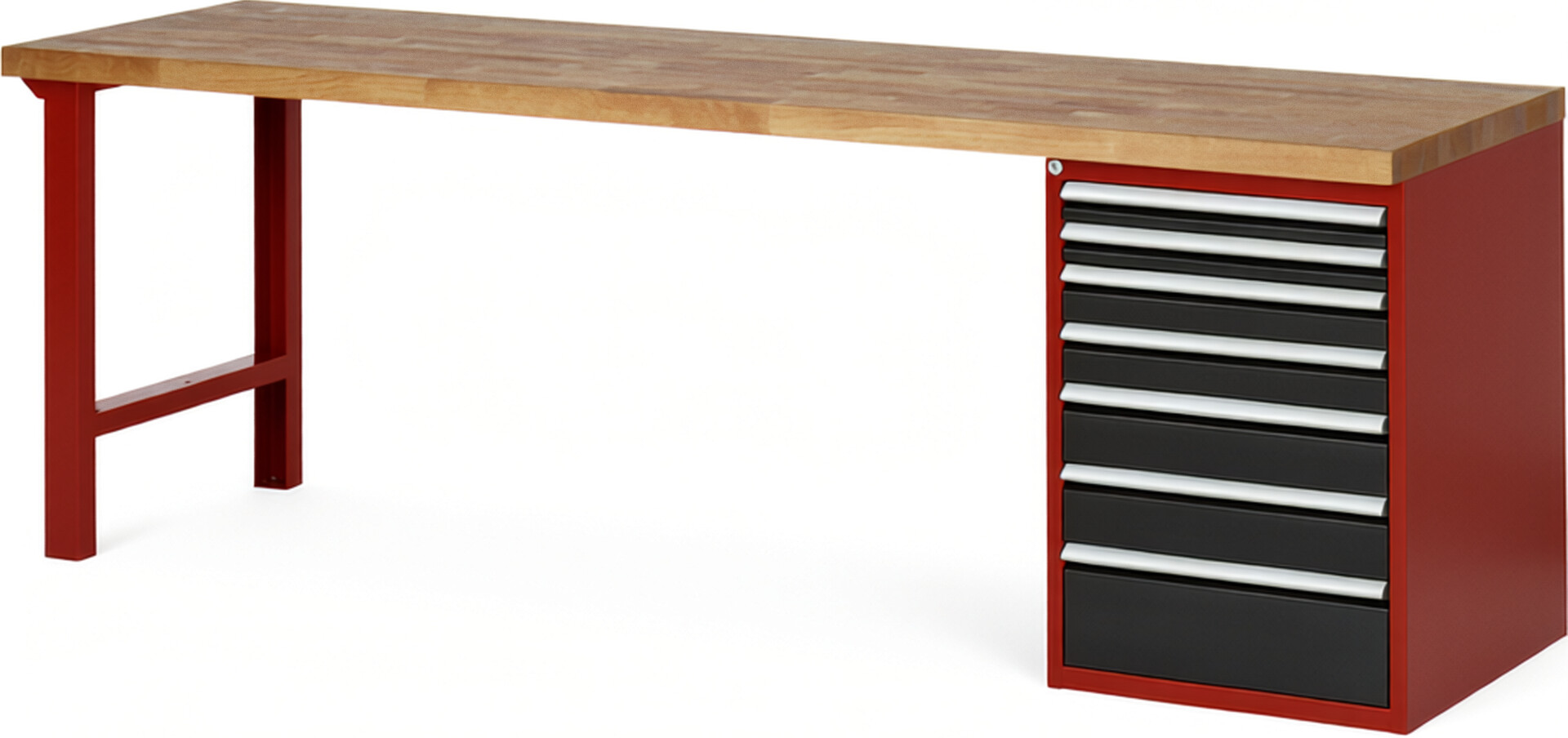 Werkbank Modell 7517 rot - schwarz, BxTxH 2500x700x840 mm,  Buche-Massiv Arbeitsplatte 40 mm,  7 Schubladen mit  Auszug 90 %