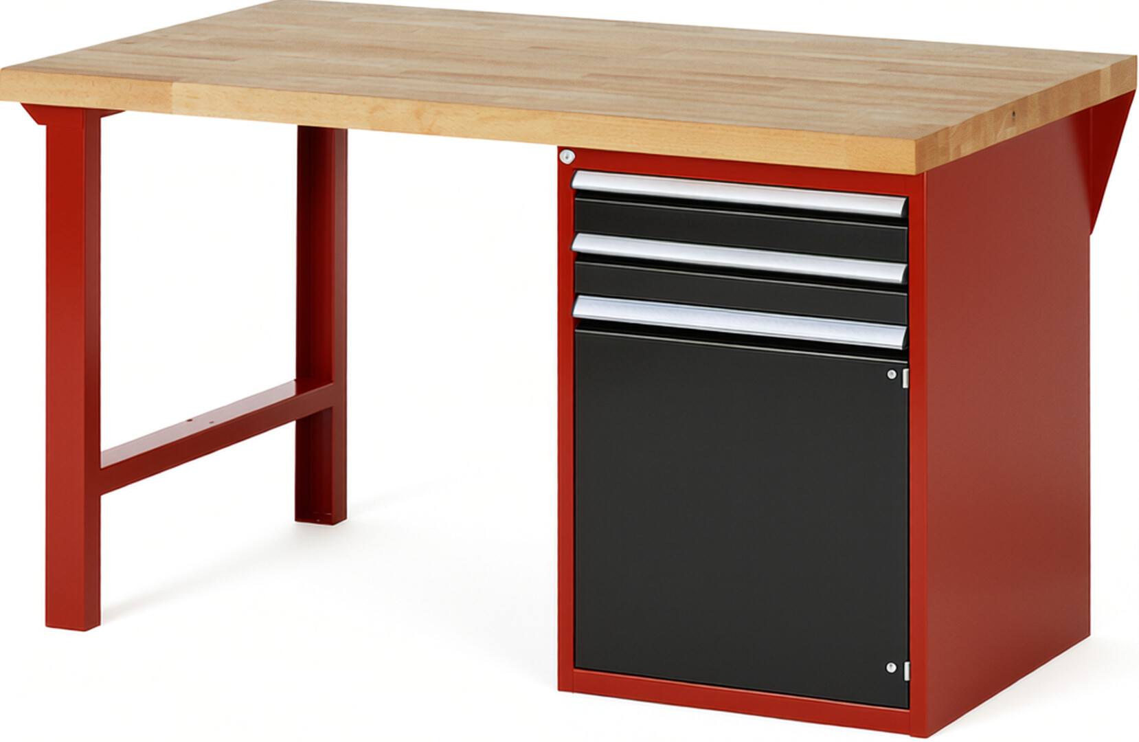 Werkbank Modell 7503 rot - schwarz, BxTxH 1500x900x890 mm,  Buche-Massiv Arbeitsplatte 40 mm,  2 Schubladen mit  Auszug 90 %