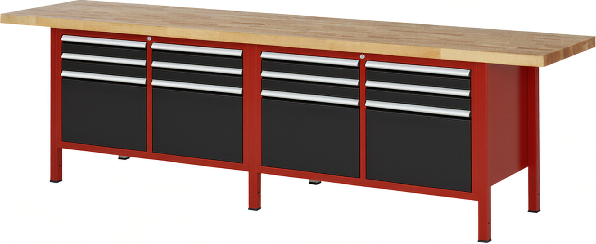Werkbank Modell 8474 rot - schwarz, BxTxH 3000x700x840 mm,  Buche-Massiv Arbeitsplatte 40 mm,  12 Schubladen mit  Auszug 90 %