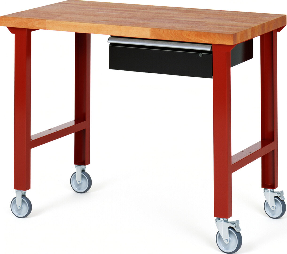 Fahrbare Werkbank Modell 7001 rot - schwarz, BxTxH 1250x700x1000 mm,  Buche-Massiv Arbeitsplatte 40 mm,  1 Schublade mit  Auszug 90 %