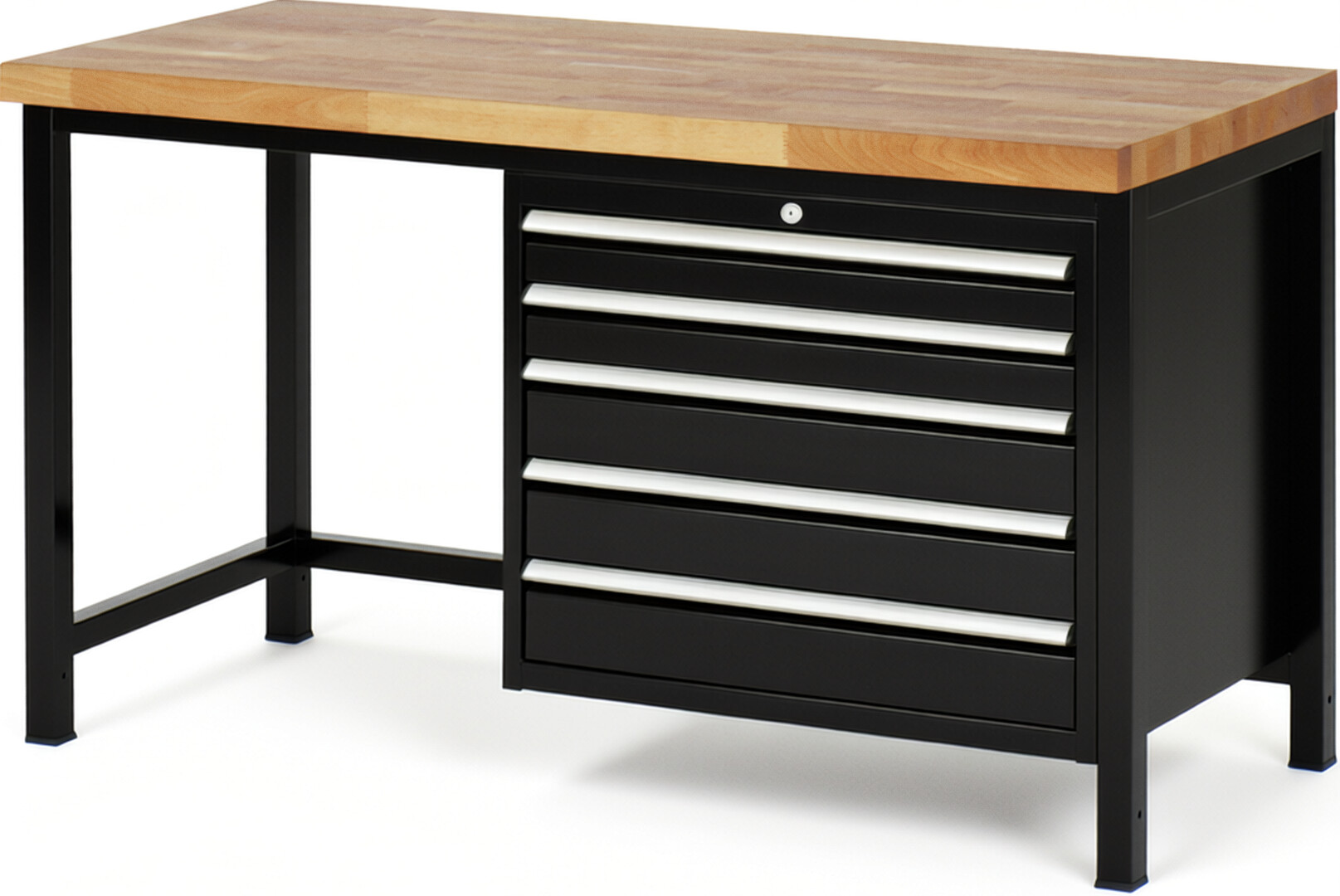 Werkbank Modell 8271 schwarz, BxTxH 1500x700x840-1040 mm,  Buche-Massiv Arbeitsplatte 40 mm,  5 Schubladen mit  Auszug 90 %
