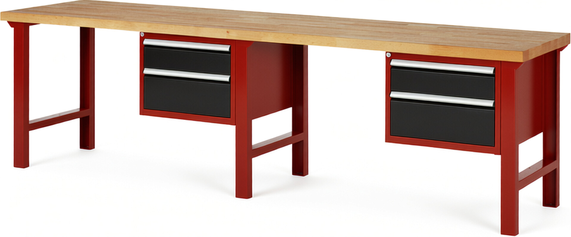 Werkbank Modell 7123 rot - schwarz, BxTxH 3000x700x840 mm,  Buche-Massiv Arbeitsplatte 40 mm,  4 Schubladen mit  Vollauszug 100 % und  SoftClosing