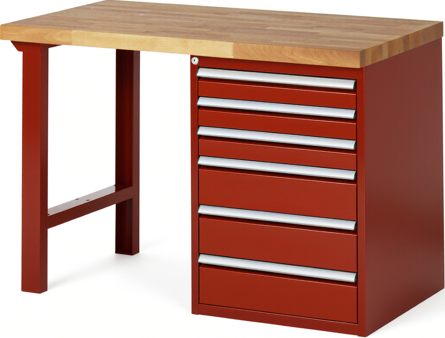 Werkbank Modell 7515 rot, BxTxH 1250x700x890 mm,  Buche-Massiv Arbeitsplatte 40 mm,  6 Schubladen mit  Vollauszug 100 % und  SoftClosing