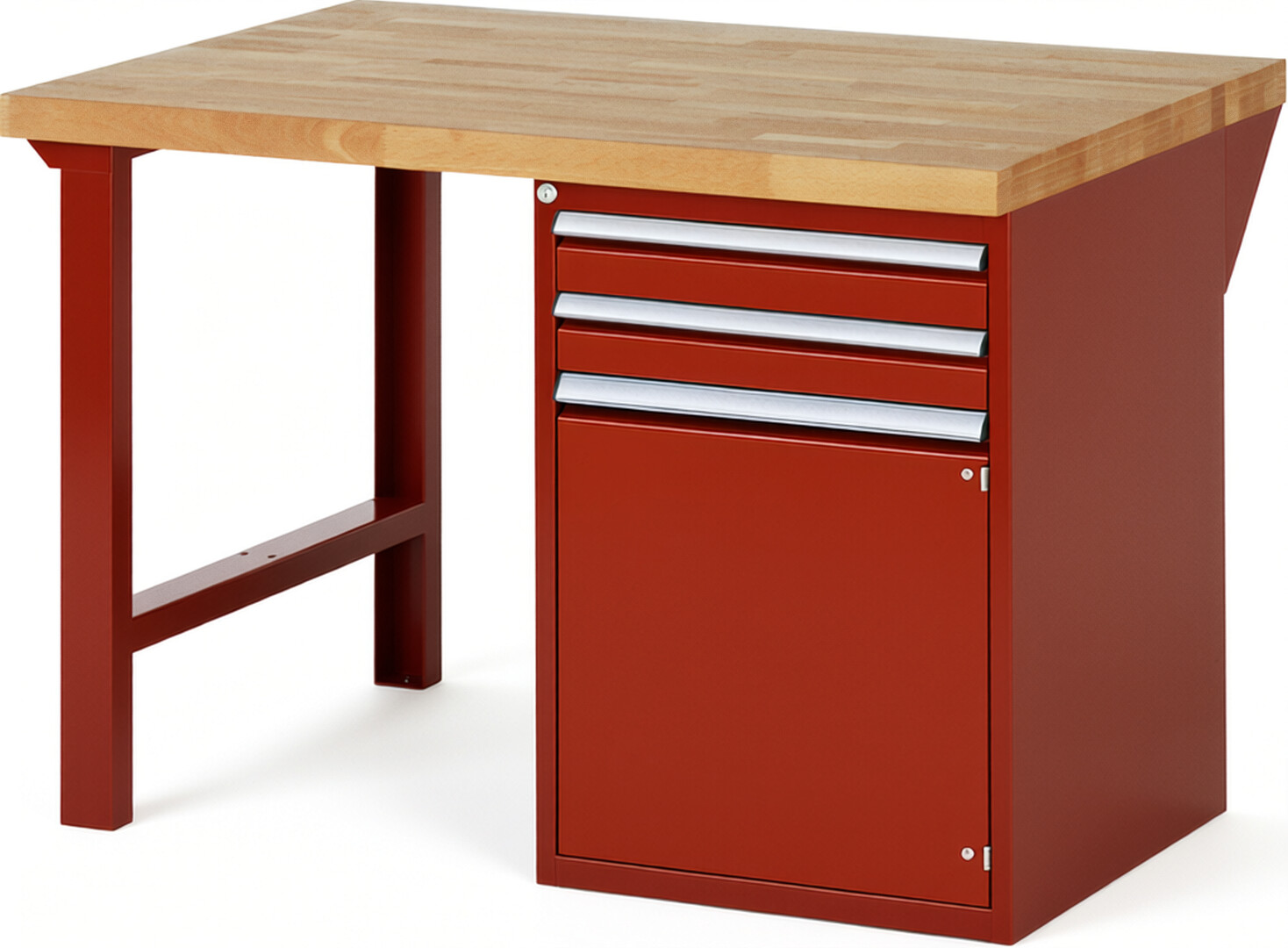 Werkbank Modell 7503 rot, BxTxH 1250x900x890 mm,  Buche-Massiv Arbeitsplatte 40 mm,  2 Schubladen mit  Vollauszug 100 % und  SoftClosing