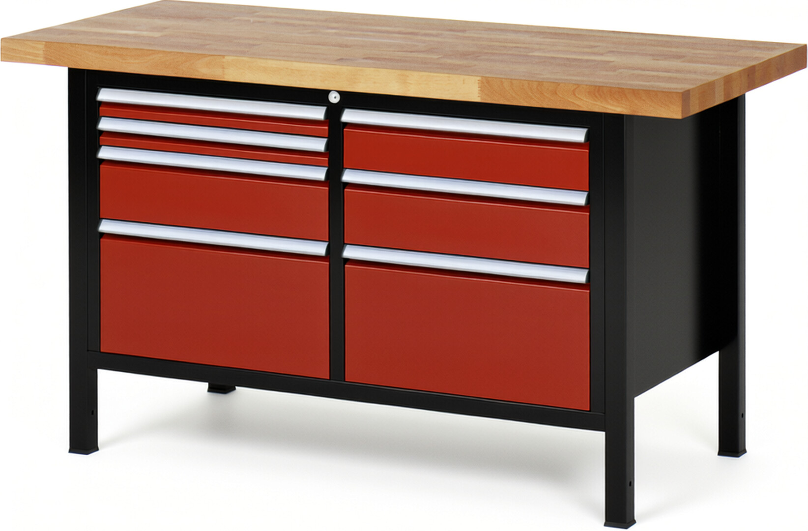 RAU Werkbank schwarz - rot - Breite 150 cm - Tiefe 70 cm - Höhe 104 cm - Buche-Massiv Arbeitsplatte 40 mm