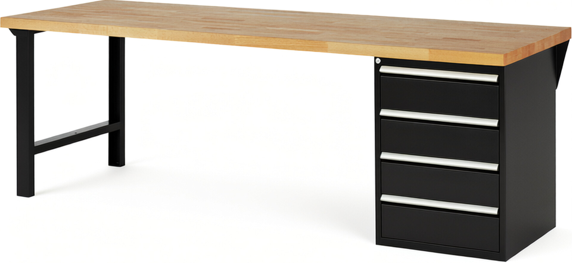 Werkbank Modell 7509 schwarz, BxTxH 2500x900x890 mm,  Buche-Massiv Arbeitsplatte 40 mm,  4 Schubladen mit  Vollauszug 100 % und  SoftClosing