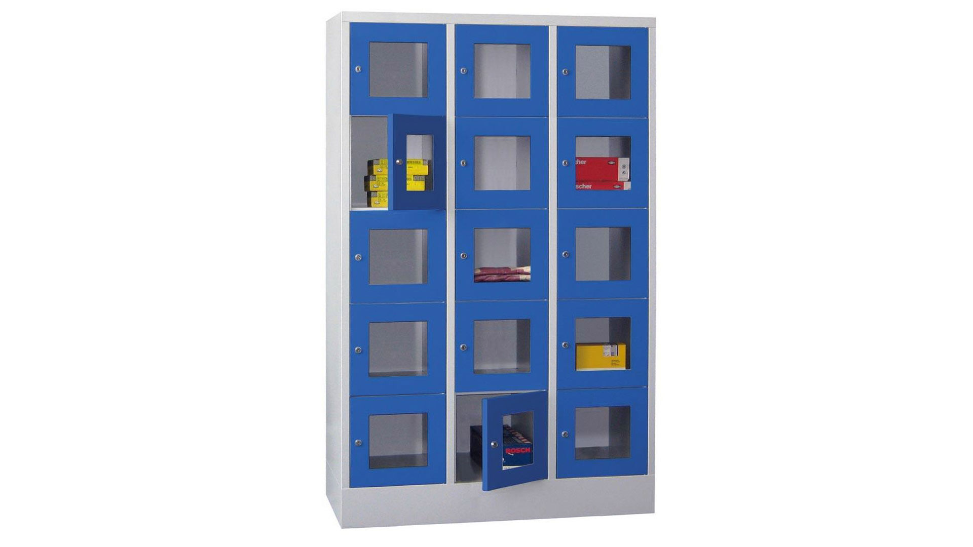 Fächerschränke mit Sichtfenstertüren, Breite 120 cm, Höhe 185 cm, Tiefe 50 cm, 3x5 Fächer