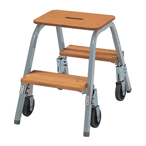 Trittleiter, Stufentritt, Arbeitshöhe 2,4 m, Stufenanzahl 2, Gewicht 10,2 kg, mit 4 Brems-Bockrollen für Längsfahrtrichtung