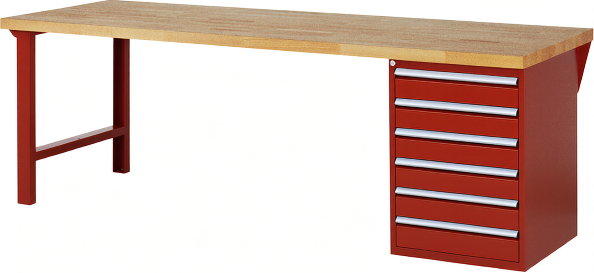Werkbank Modell 7516 rot, BxTxH 2500x900x890 mm,  Buche-Massiv Arbeitsplatte 40 mm,  6 Schubladen mit  Vollauszug 100 % und  SoftClosing