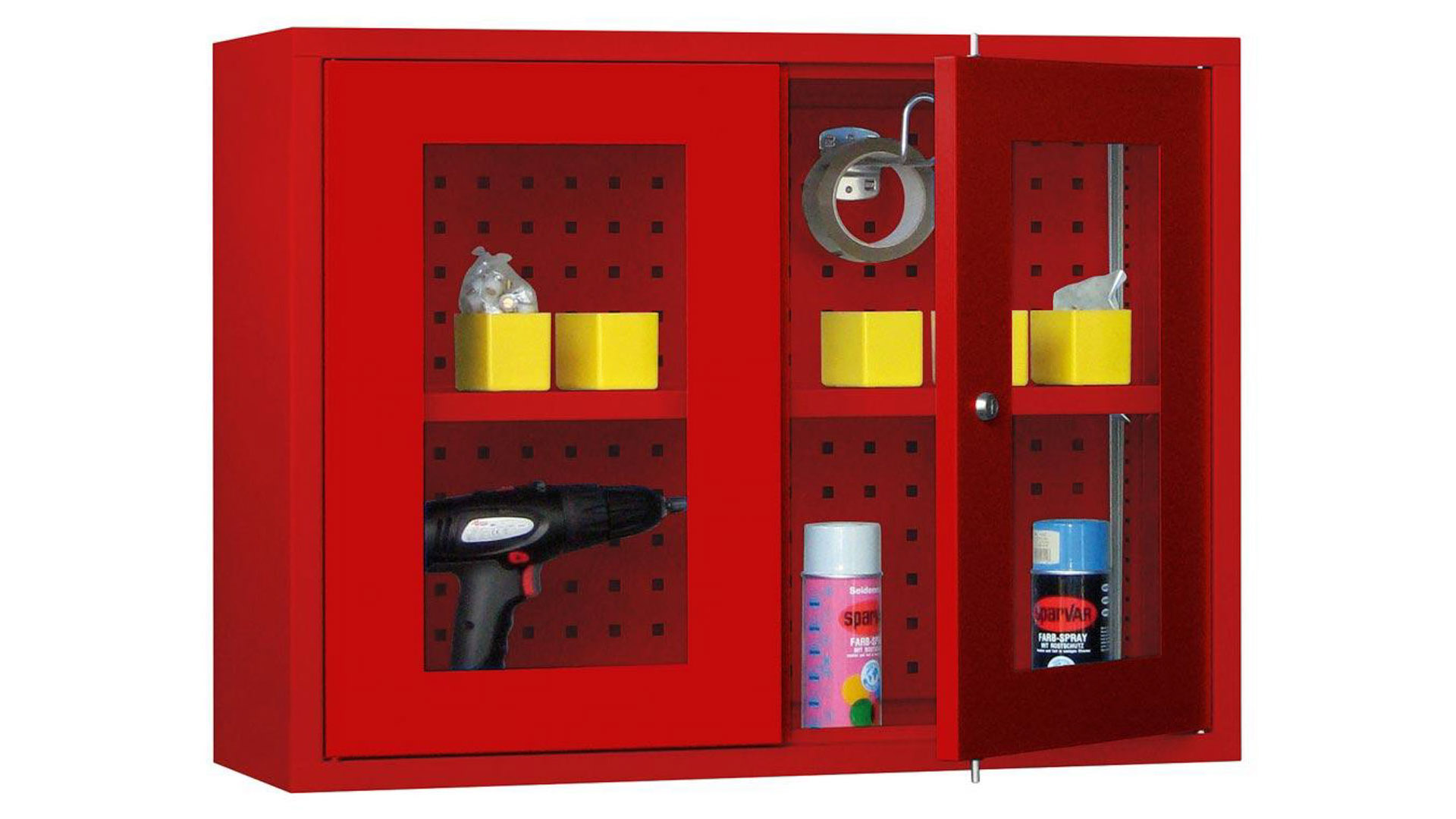 Hängeschrank aus Stahl - 2 Sichtfenstertüren - Rückwand gelocht - 600x800x300 mm (HxBxT) - feuerrot