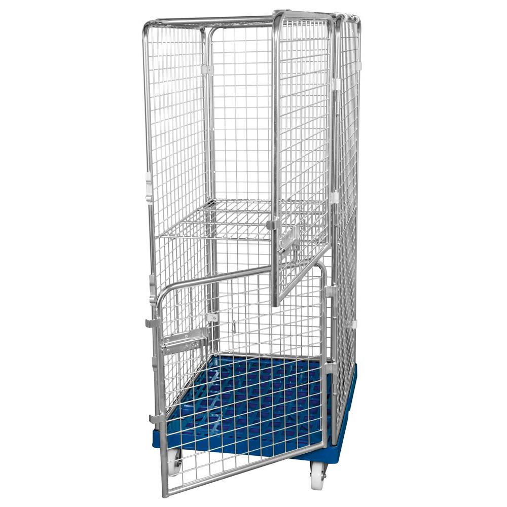 Rollbox mit Drahtgitterwänden, 5-seitig (1 Tür), Nutzhöhe 1350 mm, BxTxH 810x720x1500 mm, Bodenplatte aus Stahl, verzinkt