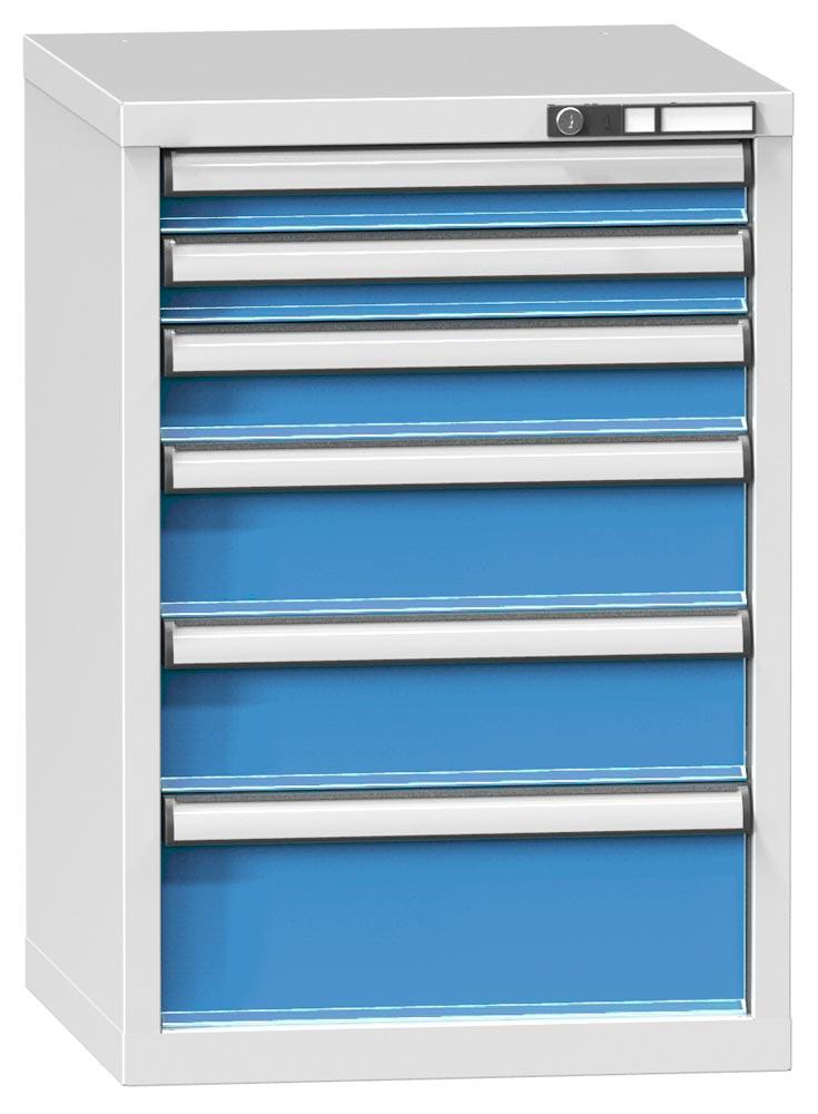 Schubladenschrank, 6 Schubladen: 2x75, 1x100, 2x150, 1x200, mm, BxTxH 578x600x840 mm, RAL 7035/5012