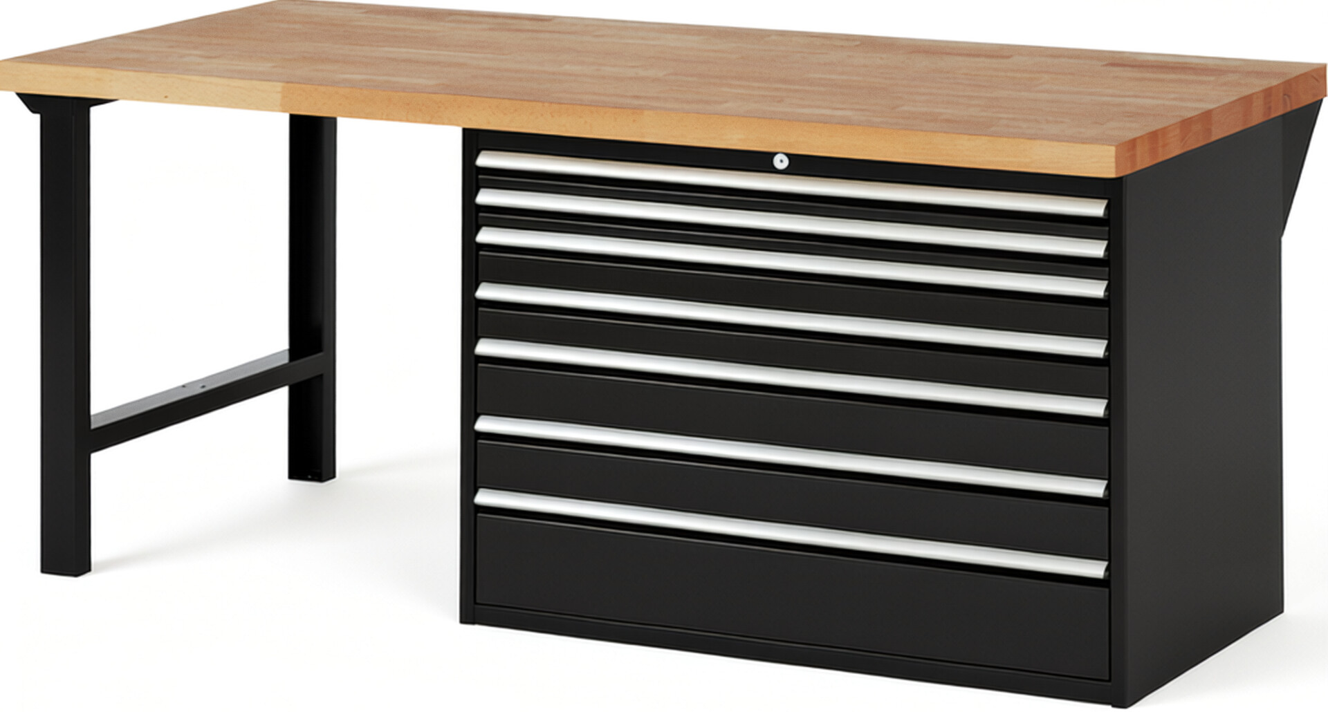 Werkbank Modell 7717 schwarz, BxTxH 2000x900x890 mm,  Buche-Massiv Arbeitsplatte 40 mm,  7 Schubladen mit  Auszug 90 %