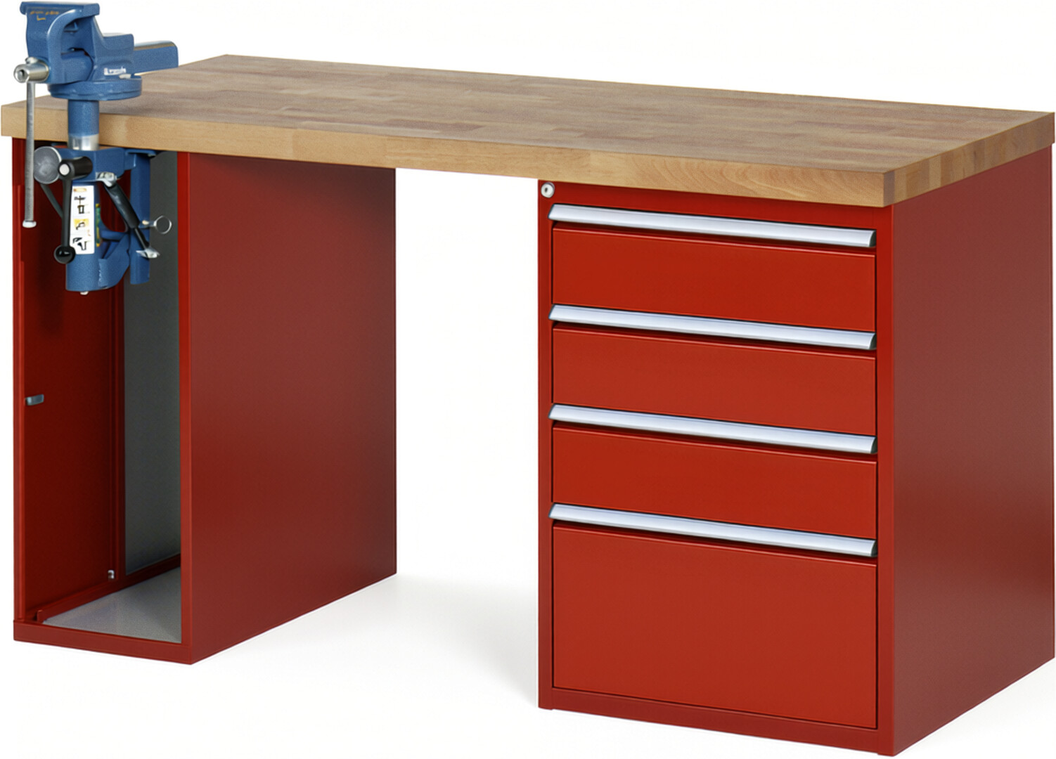 Werkbank Modell 7510 rot, BxTxH 1500x700x890 mm,  Buche-Massiv Arbeitsplatte 40 mm,  4 Schubladen mit  Auszug 90 %