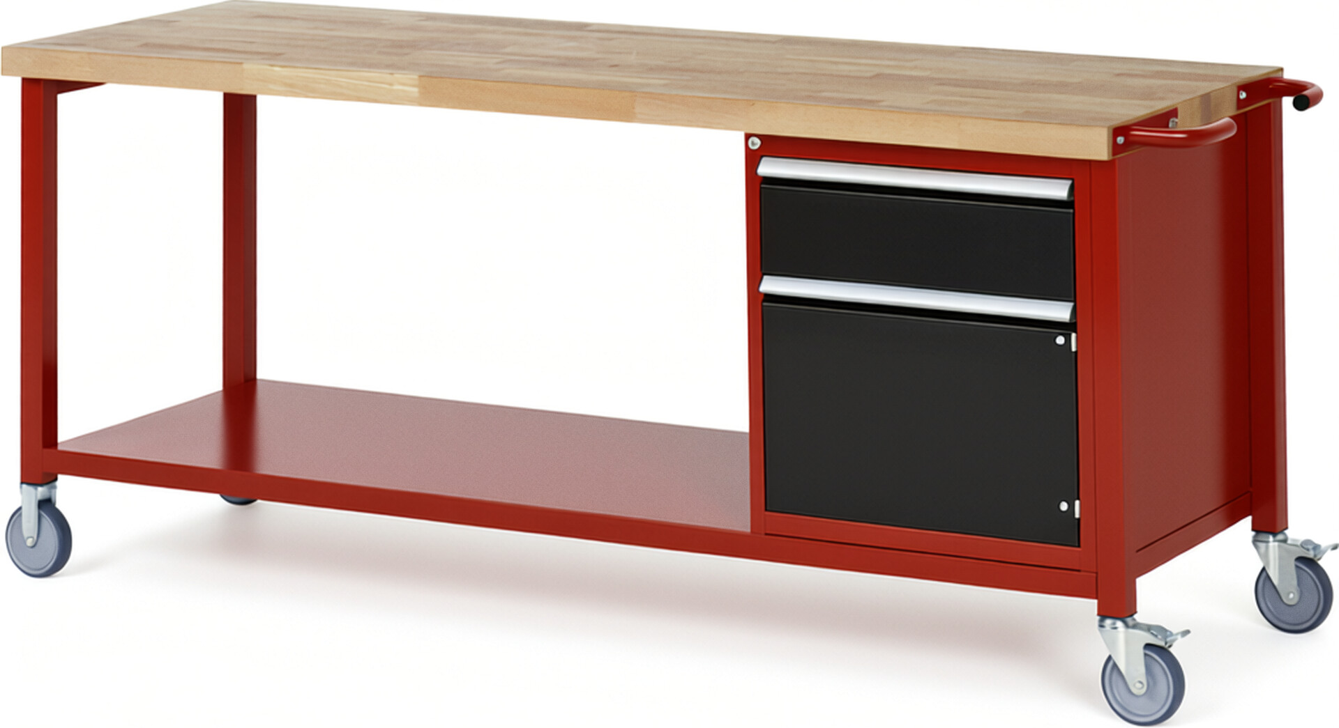 Fahrbare Werkbank Modell 8152 rot - schwarz, BxTxH 2000x700x880 mm,  Buche-Massiv Arbeitsplatte 40 mm,  1 Schublade mit  Auszug 90 %
