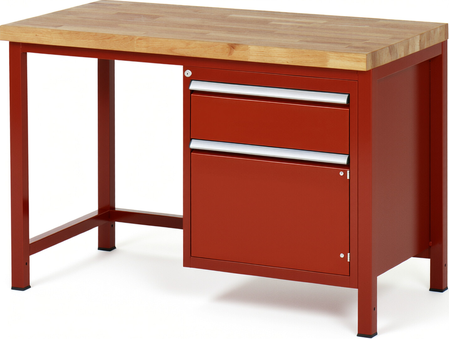 Werkbank Modell 8152 rot, BxTxH 1250x700x840 mm,  Buche-Massiv Arbeitsplatte 40 mm,  1 Schublade mit  Vollauszug 100 % und  SoftClosing