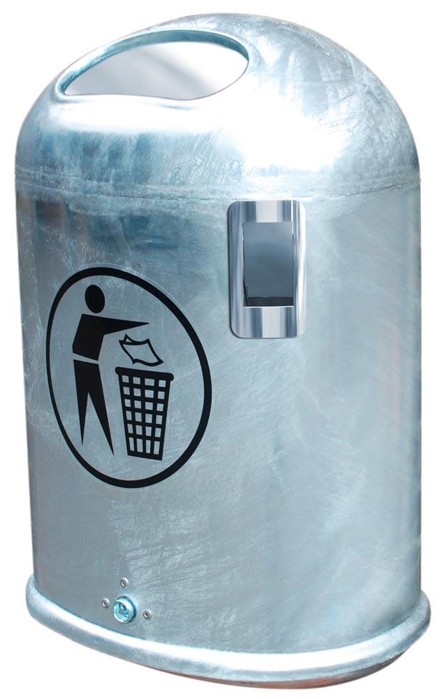 Ovaler Abfallbehälter mit Federklappe - mit Ascher - 45 l - Pfosten- oder Wandmontage - verzinkt