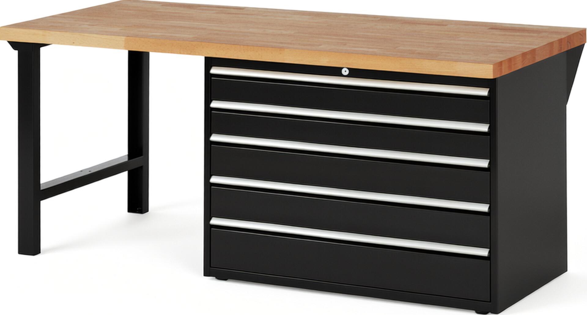 Werkbank Modell 7713 schwarz, BxTxH 2000x900x890 mm,  Buche-Massiv Arbeitsplatte 40 mm,  5 Schubladen mit  Vollauszug 100 % und  SoftClosing