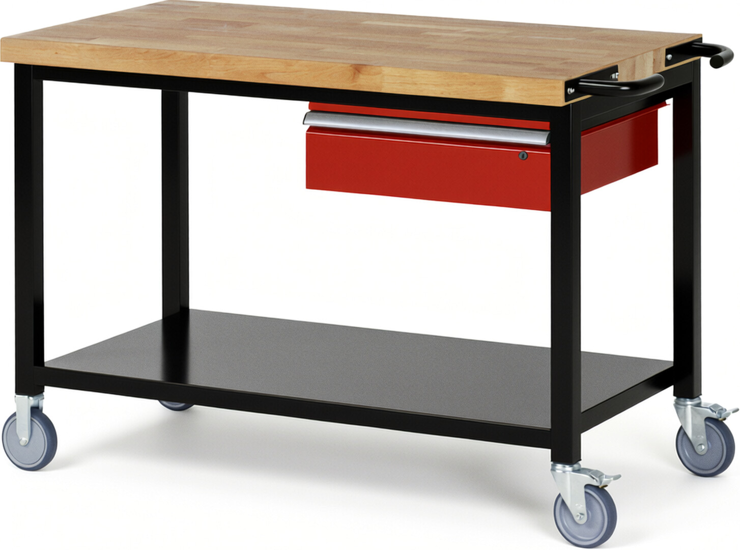 RAU Werkbank schwarz - rot - Breite 125 cm - Tiefe 70 cm - Höhe 108 cm - Buche-Massiv Arbeitsplatte 40 mm
