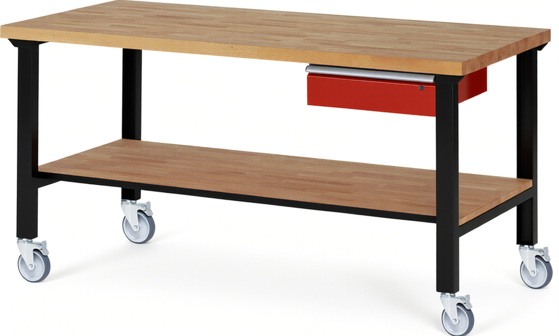 RAU Werkbank schwarz - rot - Breite 200 cm - Tiefe 90 cm - Höhe 100 cm - Buche-Massiv Arbeitsplatte 40 mm