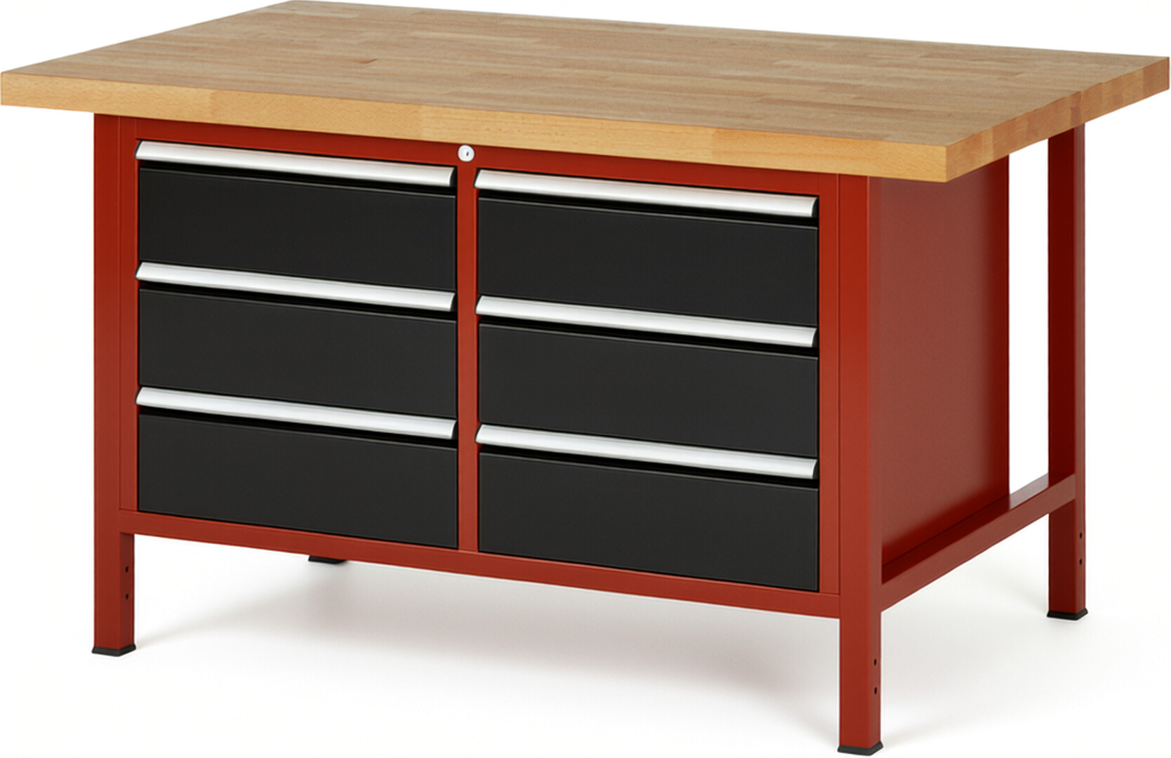 Werkbank Modell 8473 rot - schwarz, BxTxH 1500x900x840 mm,  Buche-Massiv Arbeitsplatte 40 mm,  6 Schubladen mit  Vollauszug 100 % und  SoftClosing