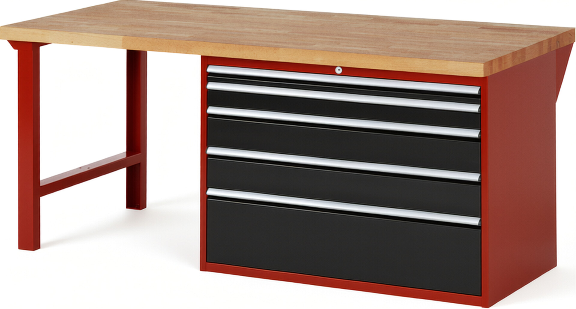Werkbank Modell 7711 rot - schwarz, BxTxH 2000x900x890 mm,  Buche-Massiv Arbeitsplatte 40 mm,  5 Schubladen mit  Vollauszug 100 % und  SoftClosing