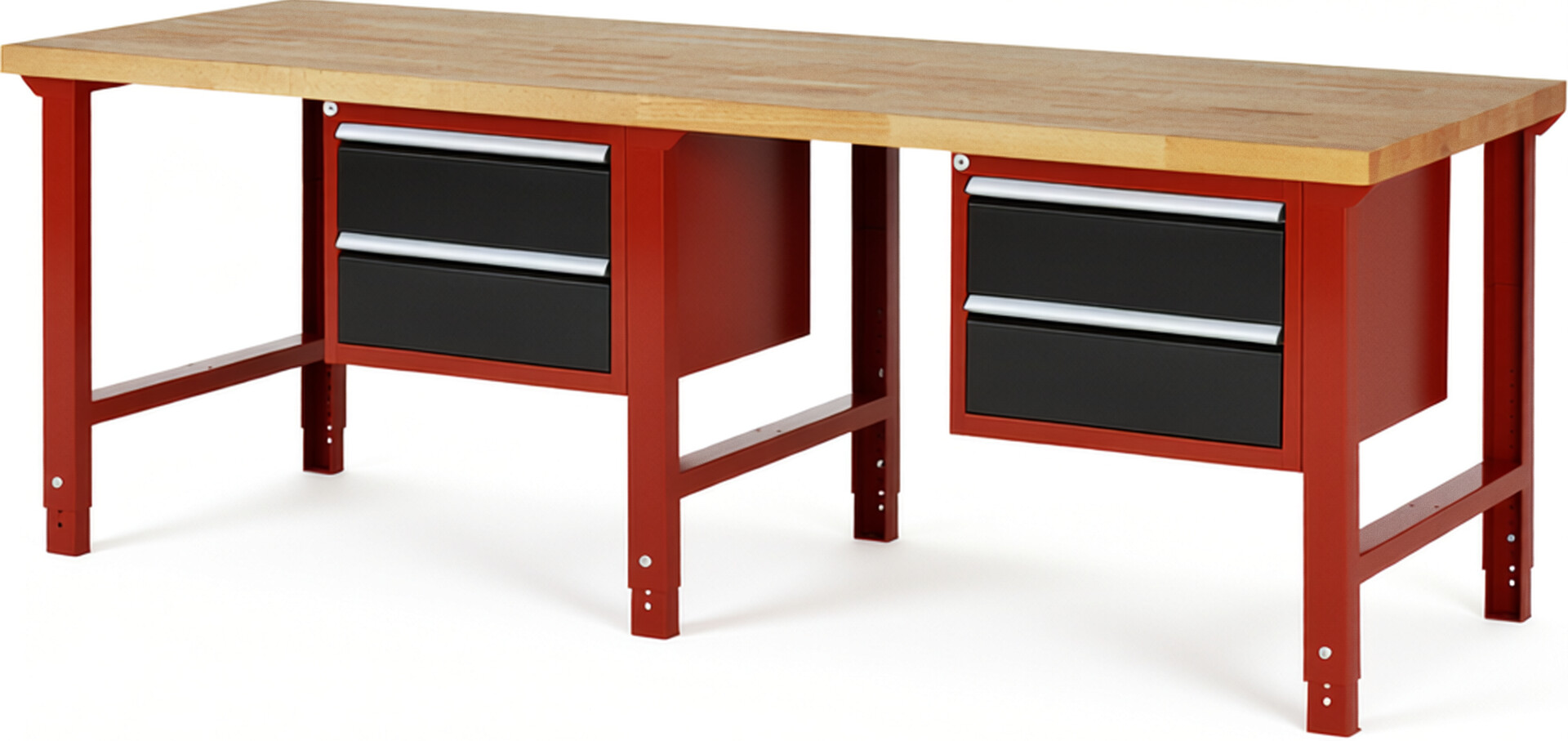 Werkbank Modell 7123 rot - schwarz, BxTxH 2500x900x790-1140 mm,  Buche-Massiv Arbeitsplatte 40 mm,  4 Schubladen mit  Vollauszug 100 % und  SoftClosing
