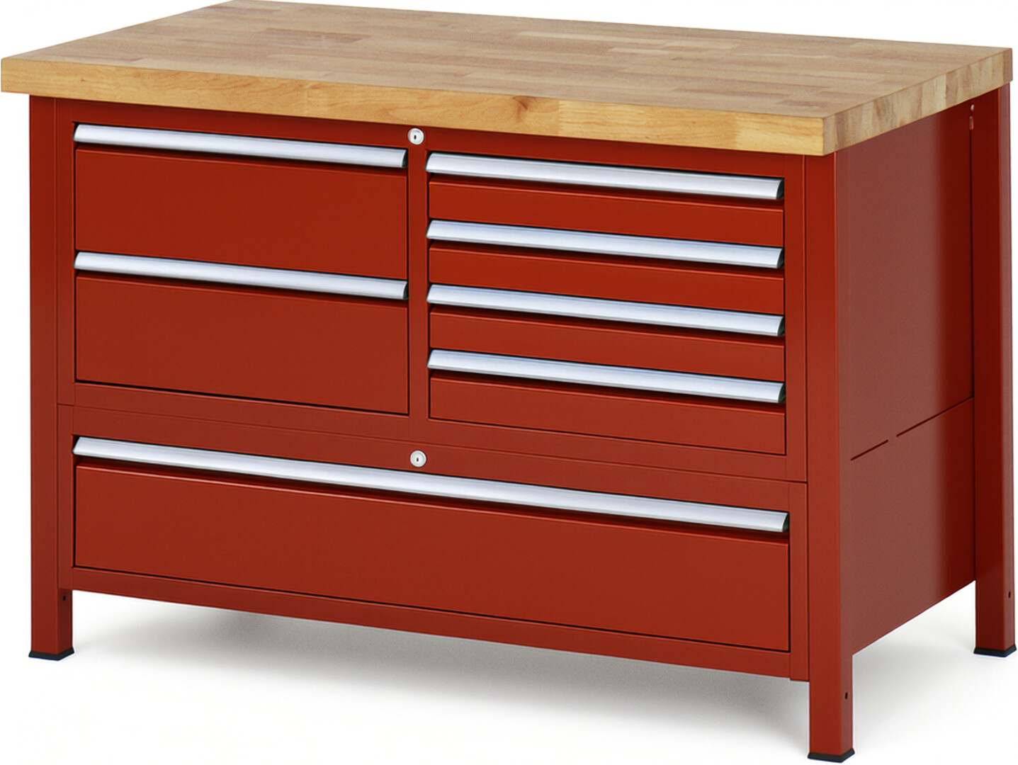 Werkbank Modell 8931 rot, BxTxH 1250x700x840 mm,  Buche-Massiv Arbeitsplatte 40 mm,  7 Schubladen mit  Auszug 90 %