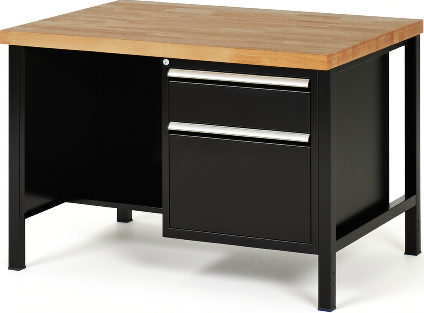Werkbank Modell 8451 schwarz, BxTxH 1250x900x840 mm,  Buche-Massiv Arbeitsplatte 40 mm,  2 Schubladen mit  Auszug 90 %
