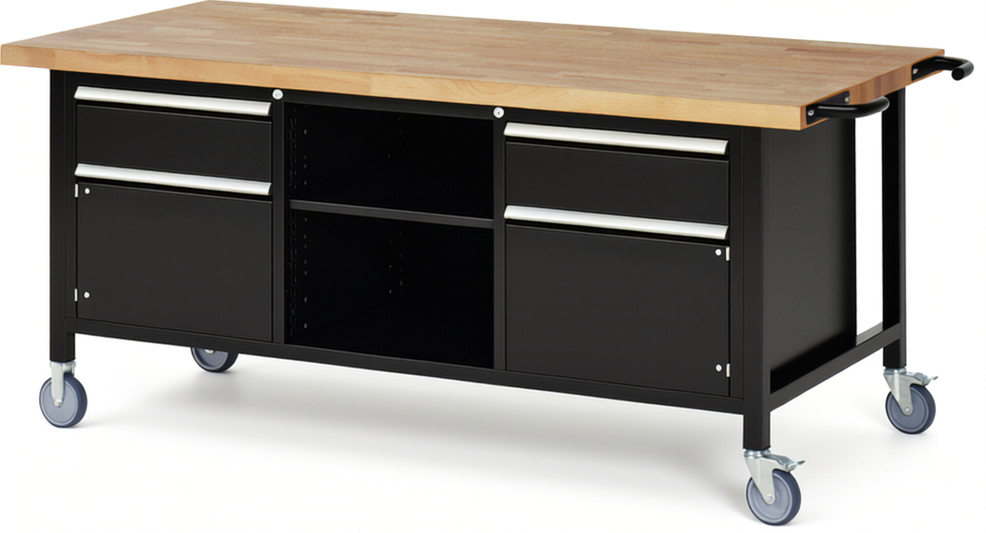 Fahrbare Werkbank Modell 8561 schwarz, BxTxH 2000x900x880 mm,  Buche-Massiv Arbeitsplatte 40 mm,  2 Schubladen mit  Auszug 90 %
