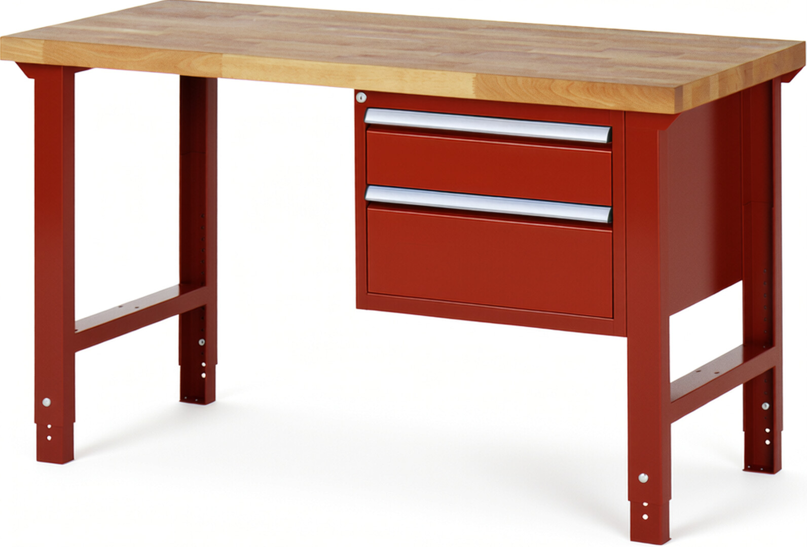 Werkbank Modell 7123 rot, BxTxH 1500x700x790-1140 mm,  Buche-Massiv Arbeitsplatte 40 mm,  2 Schubladen mit  Auszug 90 %