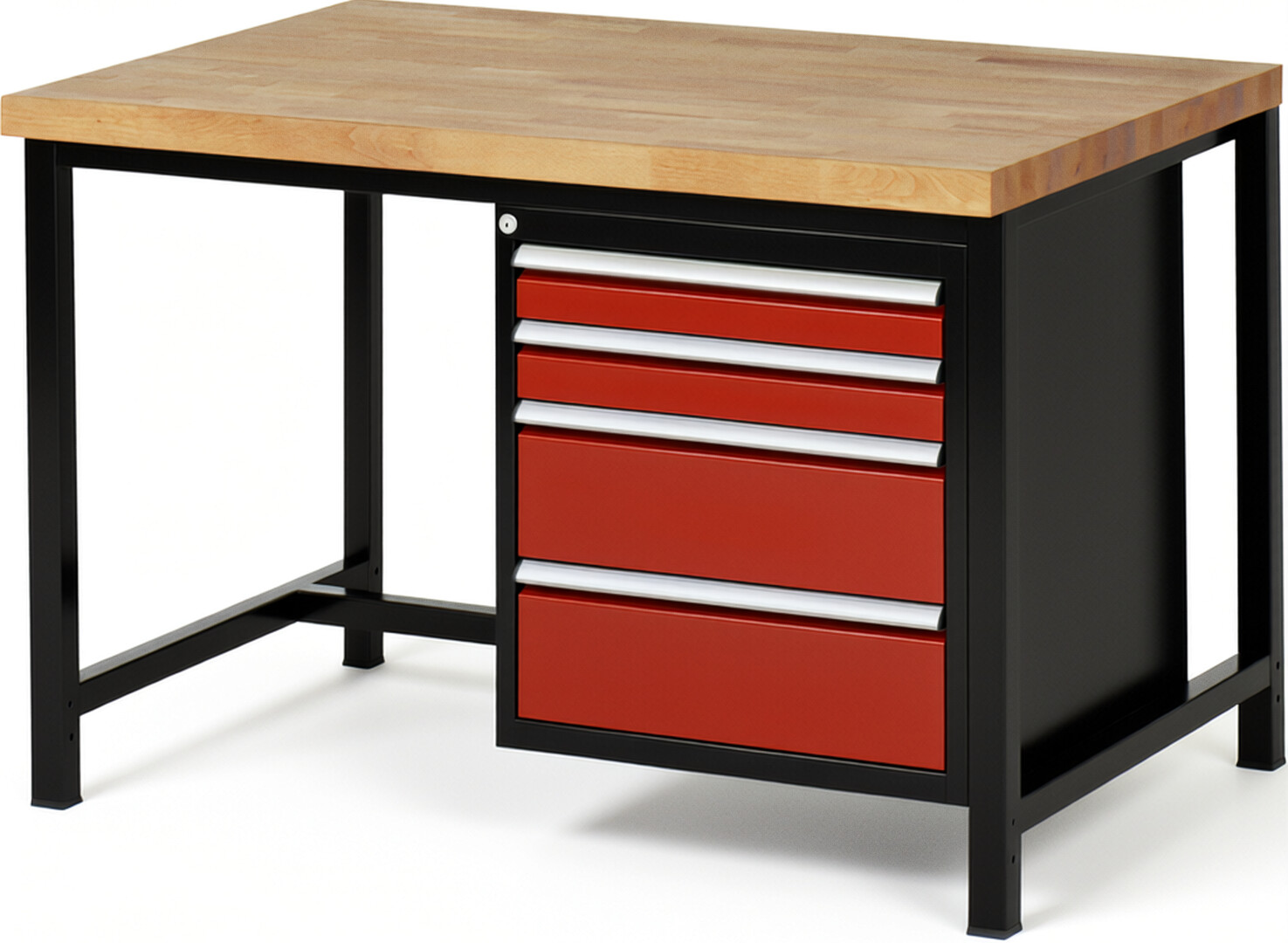 RAU Werkbank schwarz - rot - Breite 125 cm - Tiefe 90 cm - Höhe 104 cm - Buche-Massiv Arbeitsplatte 40 mm