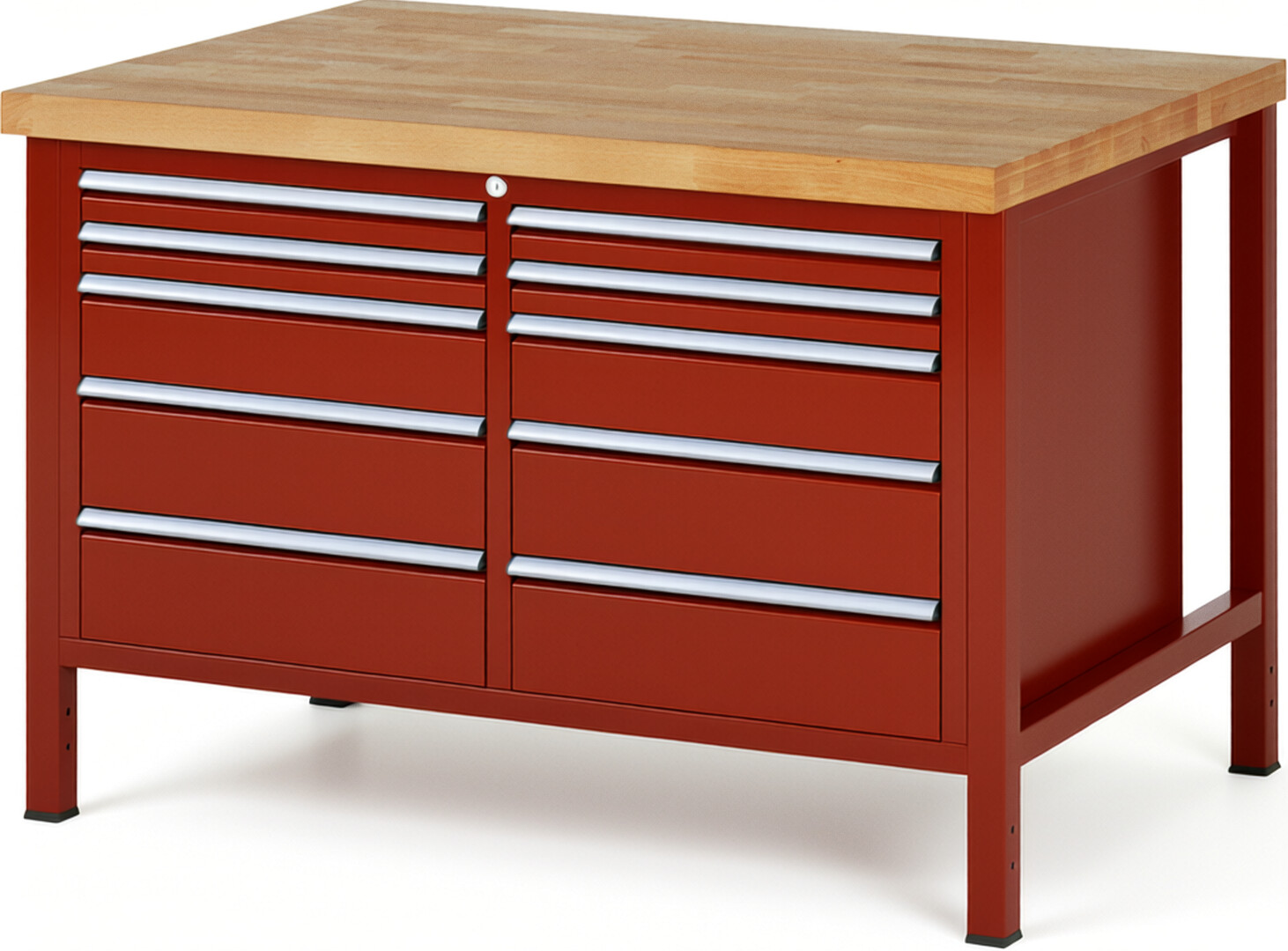 Werkbank Modell 8480 rot, BxTxH 1250x900x840 mm,  Buche-Massiv Arbeitsplatte 40 mm,  10 Schubladen mit  Vollauszug 100 % und  SoftClosing