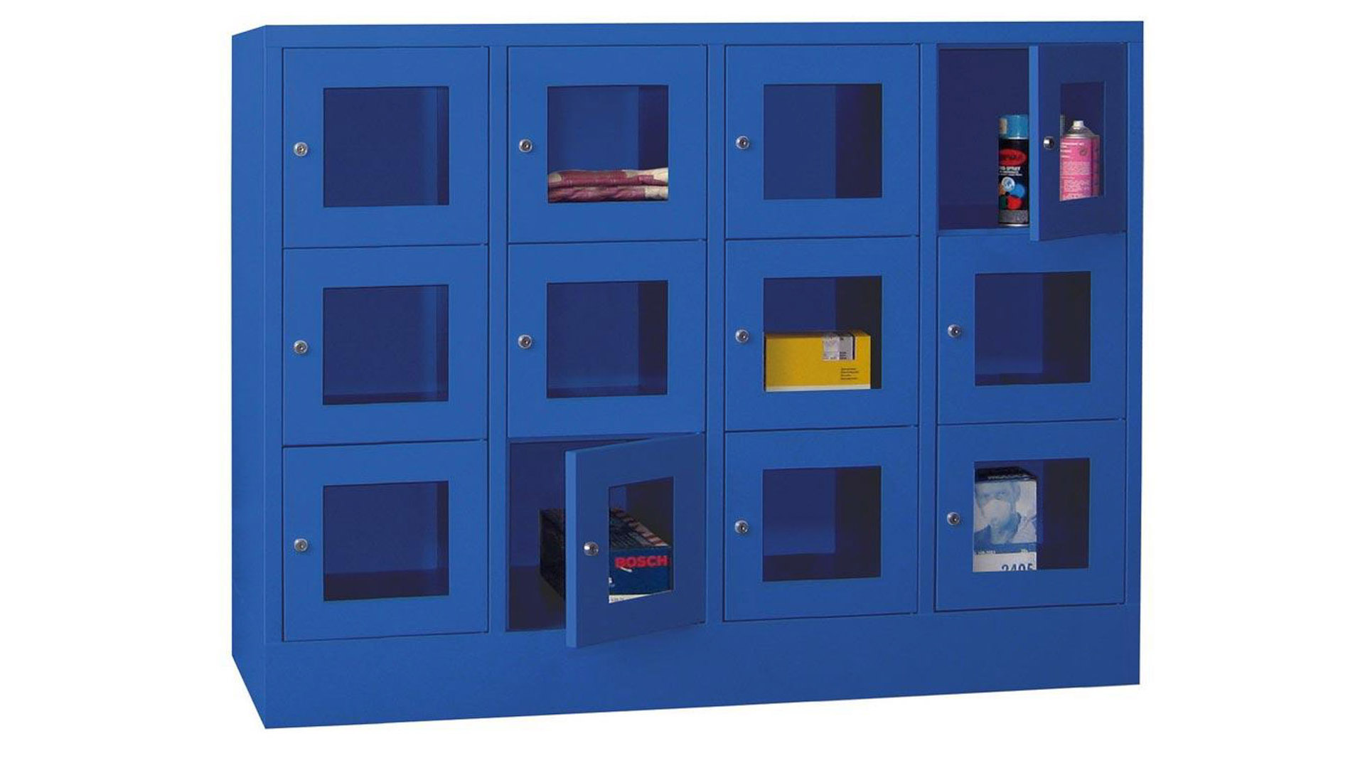 Fächerschränke mit Sichtfenstertüren, Breite 160 cm, Höhe 118,7 cm, Tiefe 50 cm, 4x3 Fächer