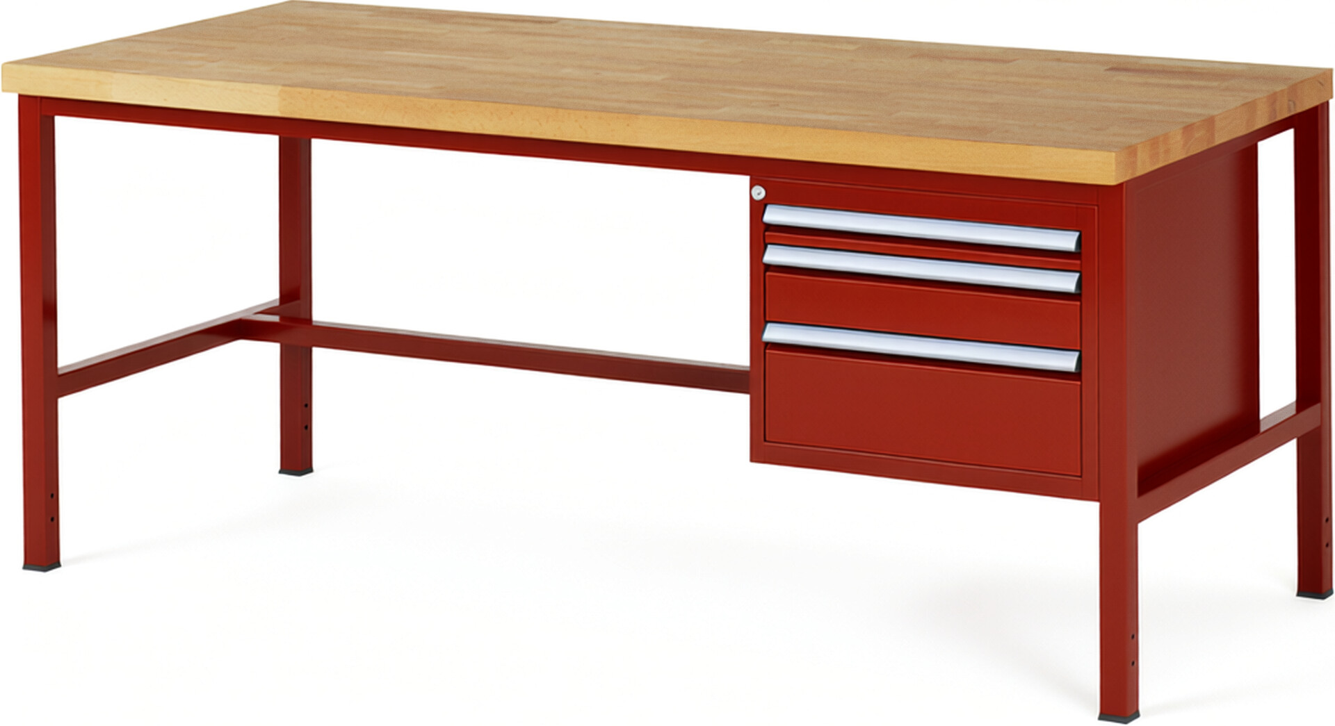 Werkbank Modell 8126 rot, BxTxH 2000x900x840-1040 mm,  Buche-Massiv Arbeitsplatte 40 mm,  3 Schubladen mit  Vollauszug 100 % und  SoftClosing