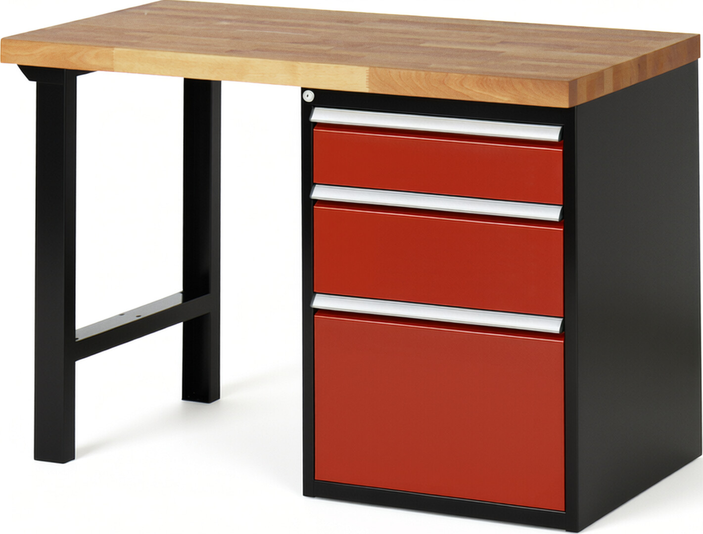 RAU Werkbank schwarz - rot - Breite 125 cm - Tiefe 70 cm - Höhe 89 cm - Buche-Massiv Arbeitsplatte 40 mm