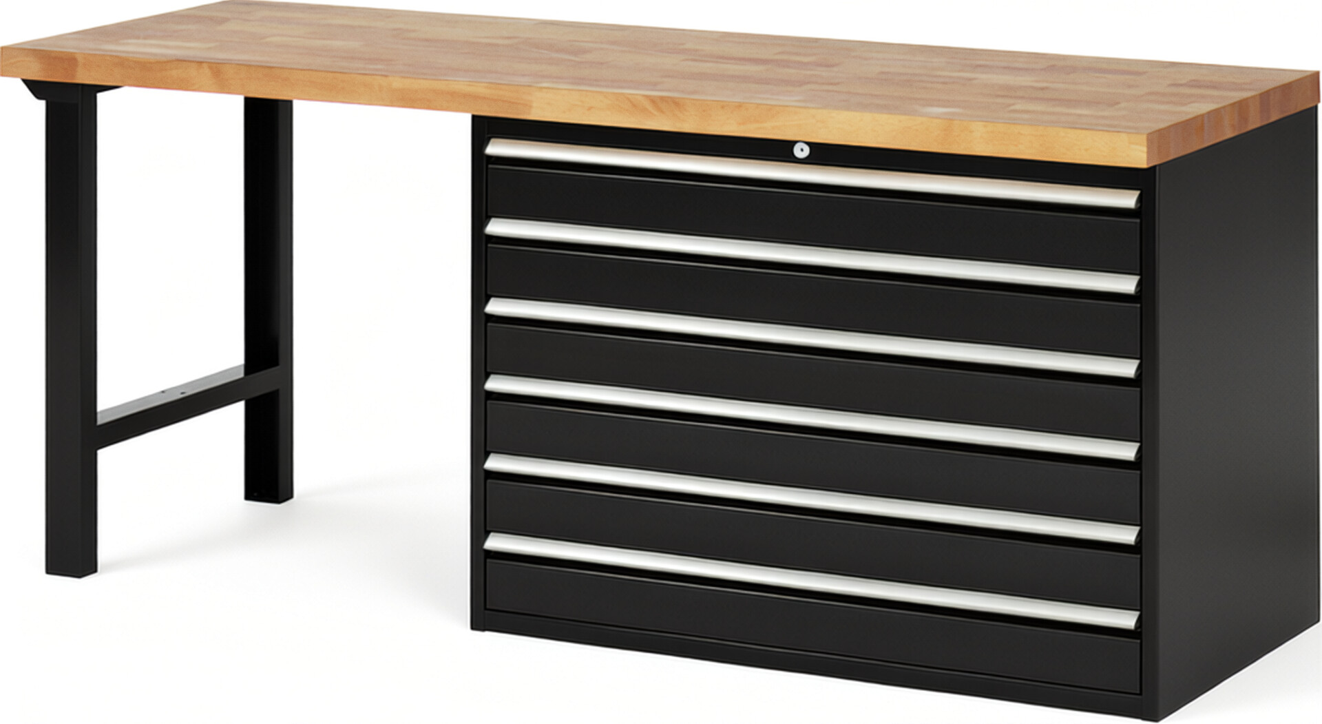 Werkbank Modell 7716 schwarz, BxTxH 2000x700x890 mm,  Buche-Massiv Arbeitsplatte 40 mm,  6 Schubladen mit  Auszug 90 %