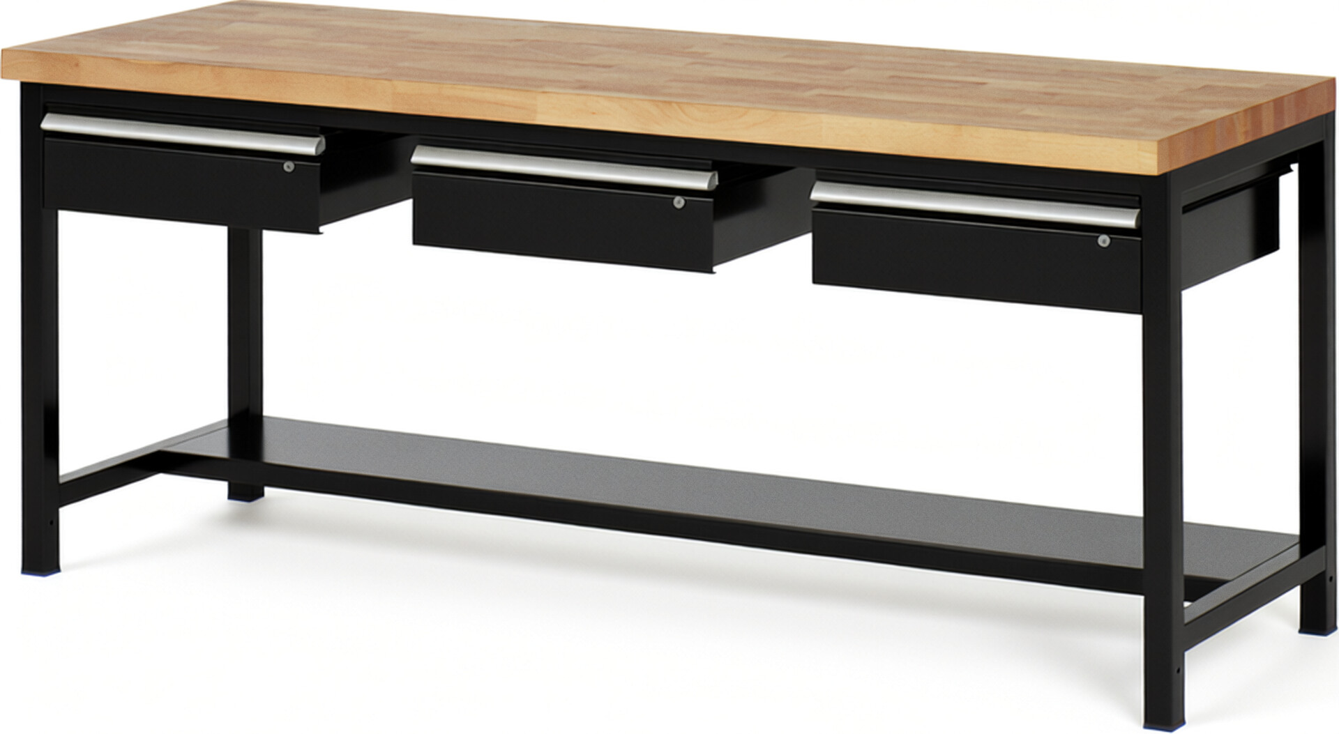 Werkbank Modell 8003 schwarz, BxTxH 2000x700x840 mm,  Buche-Massiv Arbeitsplatte 40 mm,  3 Schubladen mit  Auszug 90 %