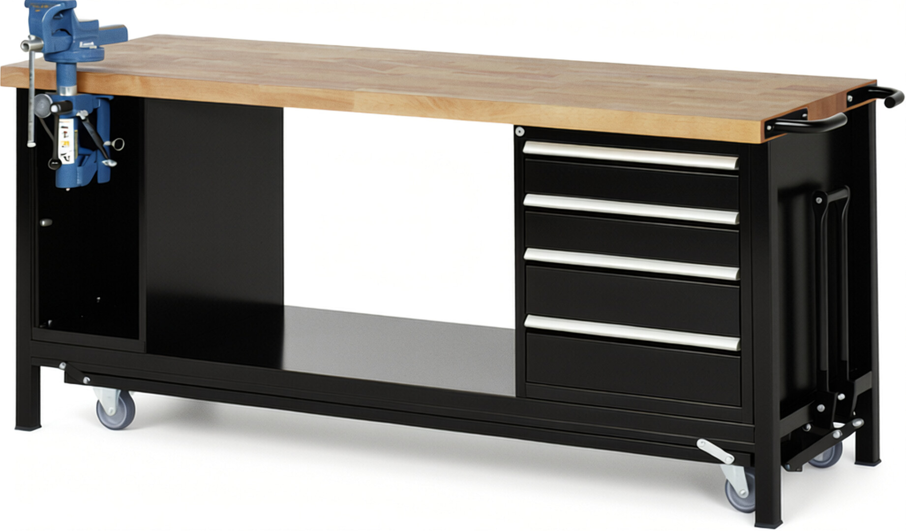 Absenkbare Werkbank Modell 8185 schwarz, BxTxH 2000x700x880 mm,  Buche-Massiv Arbeitsplatte 40 mm,  4 Schubladen mit  Vollauszug 100 % und  SoftClosing