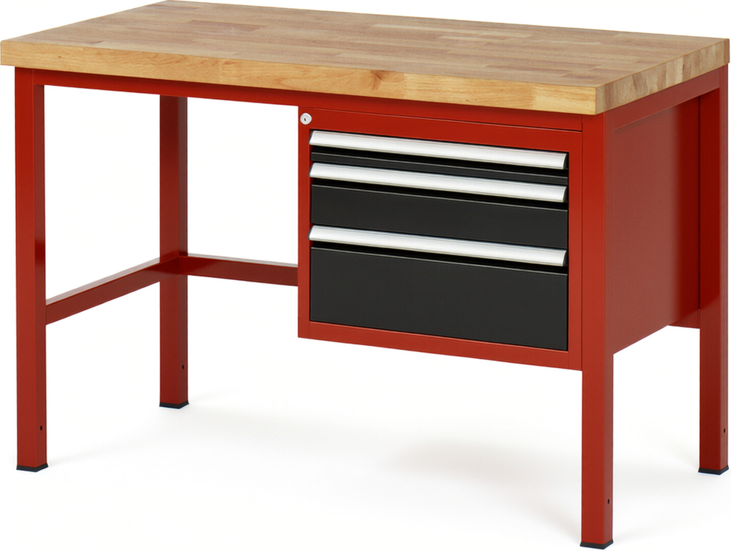 Werkbank Modell 8126 rot - schwarz, BxTxH 1250x700x840-1040 mm,  Buche-Massiv Arbeitsplatte 40 mm,  3 Schubladen mit  Vollauszug 100 % und  SoftClosing