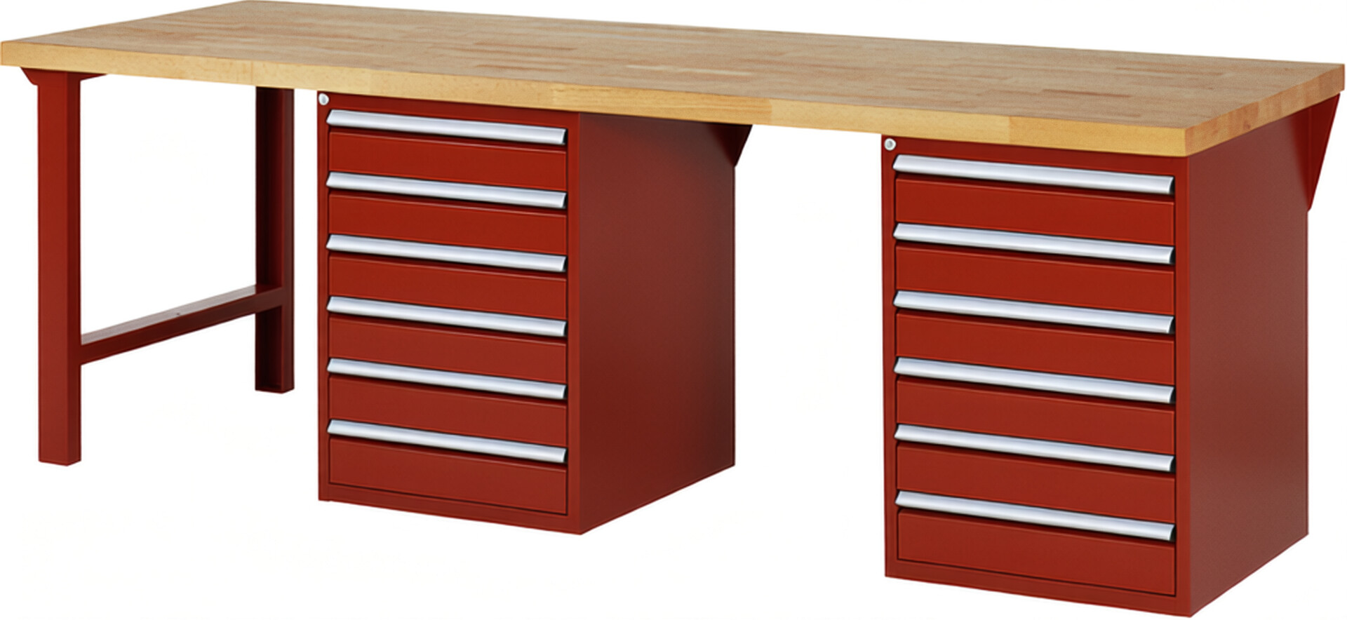 Werkbank Modell 7516 rot, BxTxH 2500x900x890 mm,  Buche-Massiv Arbeitsplatte 40 mm,  12 Schubladen mit  Auszug 90 %