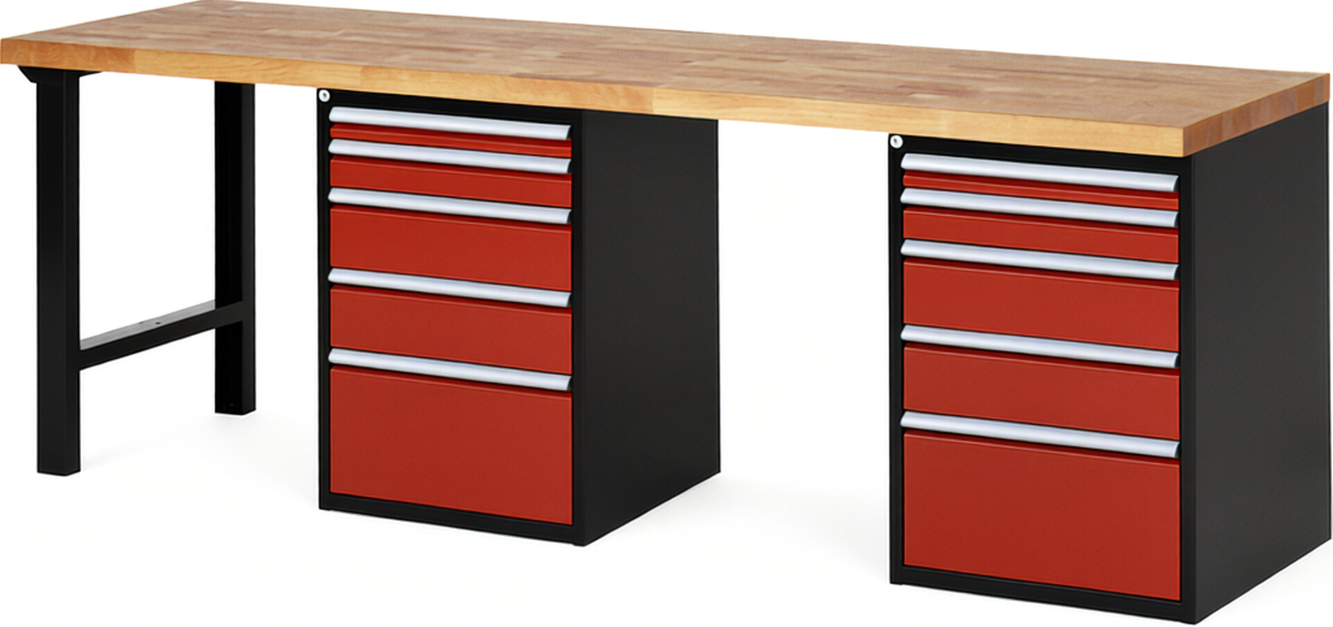 RAU Werkbank schwarz - rot - Breite 250 cm - Tiefe 70 cm - Höhe 89 cm - Buche-Massiv Arbeitsplatte 40 mm