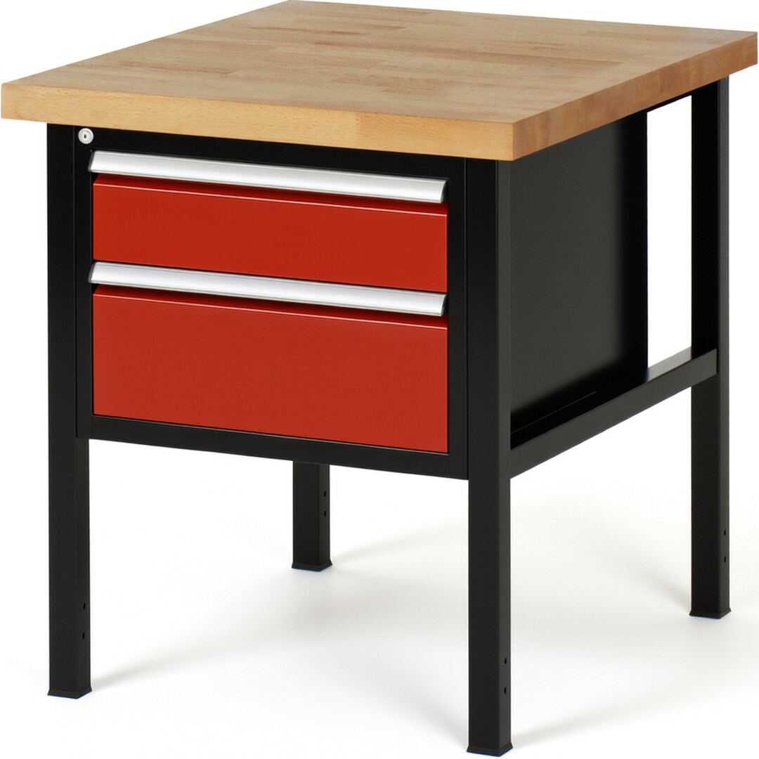 RAU Werkbank schwarz - rot - Breite 75 cm - Tiefe 90 cm - Höhe 104 cm - Buche-Massiv Arbeitsplatte 40 mm