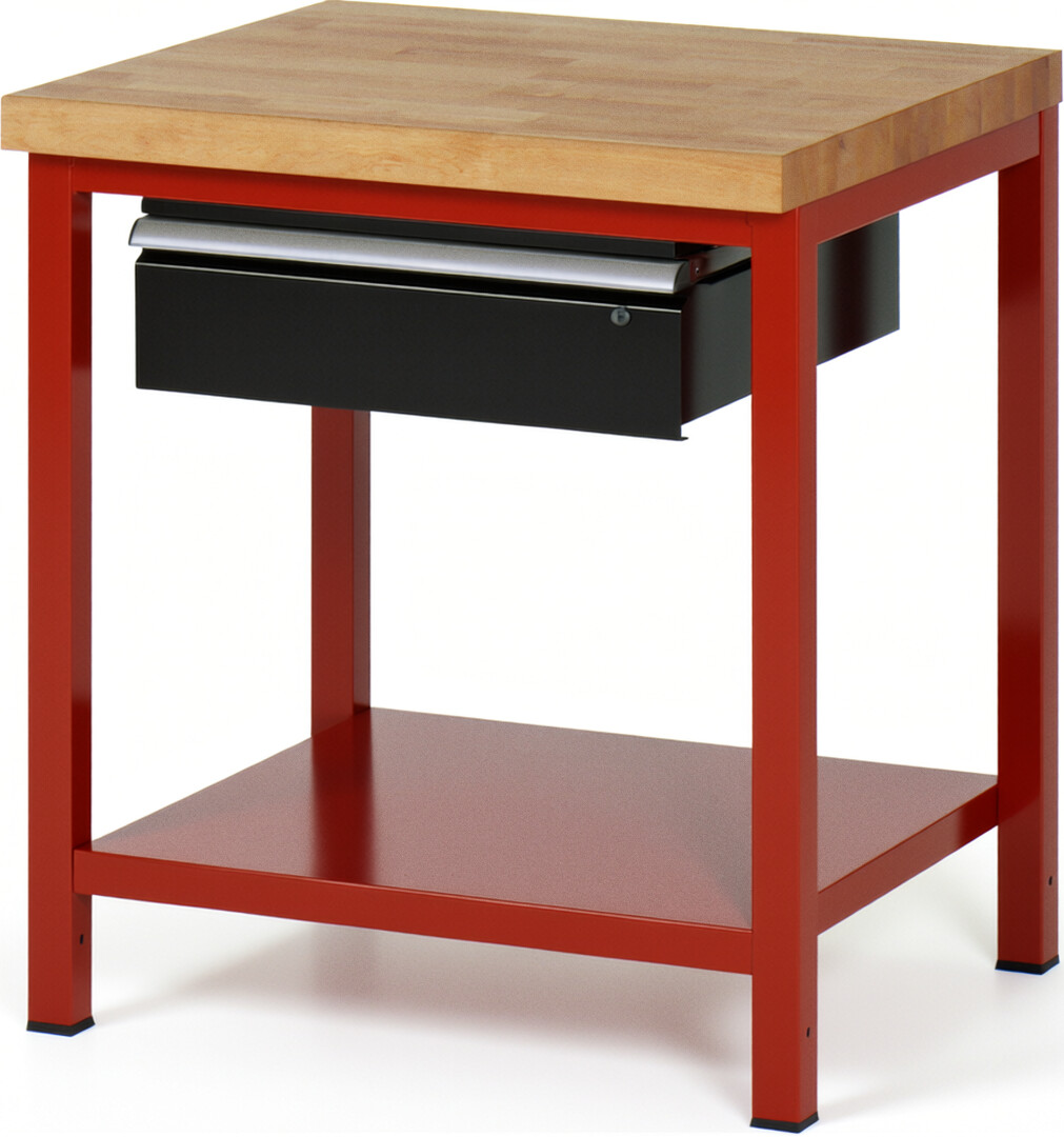 Werkbank Modell 8001 rot - schwarz, BxTxH 750x700x840-1040 mm,  Buche-Massiv Arbeitsplatte 40 mm,  1 Schublade mit  Auszug 90 %